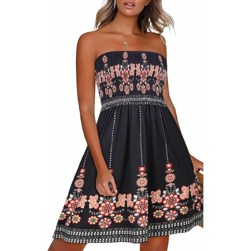 Women Boho Red Floral Strapless Off Shoulder Cover Ups Casual Beach Sundress